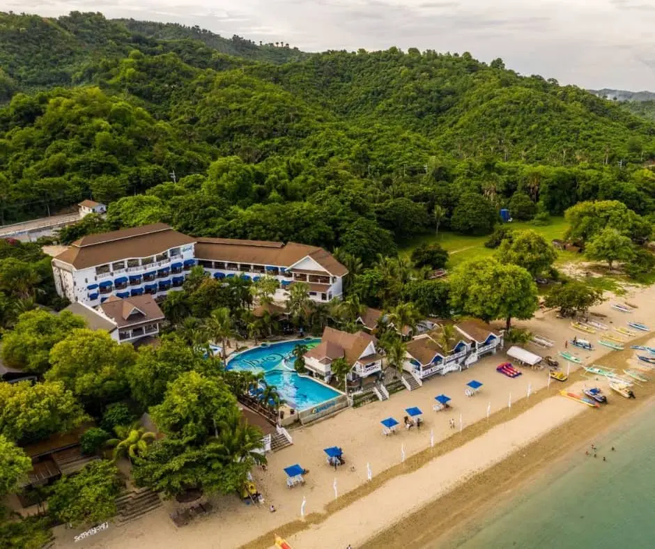 aerial view of blue coral beach resort in laiya, batangas