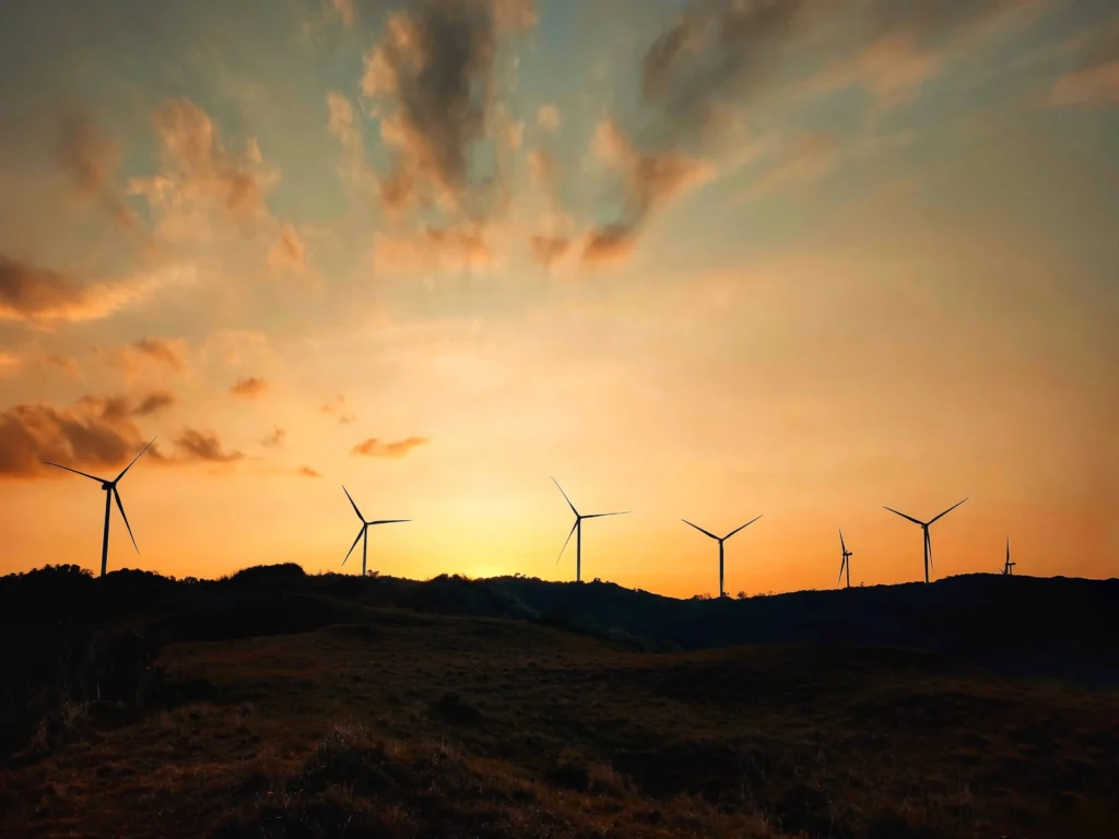 view of a windmill farm during sunset