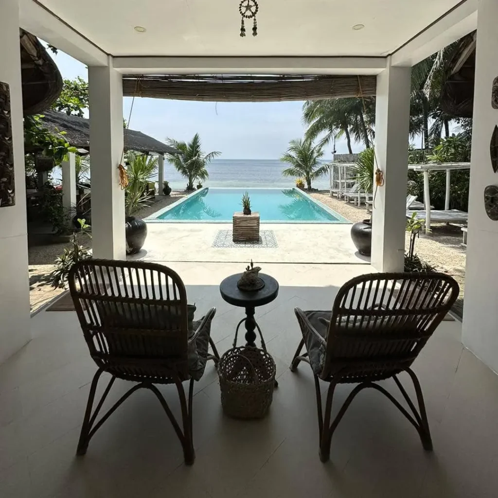 chair and table with the pool view